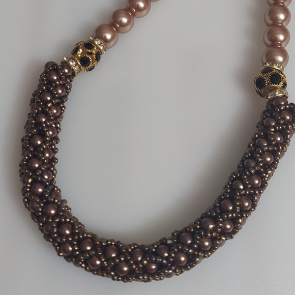 Jewelry - Brown Glass Pearl Braided Beaded Necklace